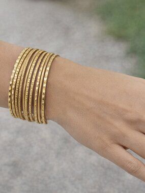 Vintage Set of 10 Bangle Bracelets -Textured & Polished Gold Tone Slender